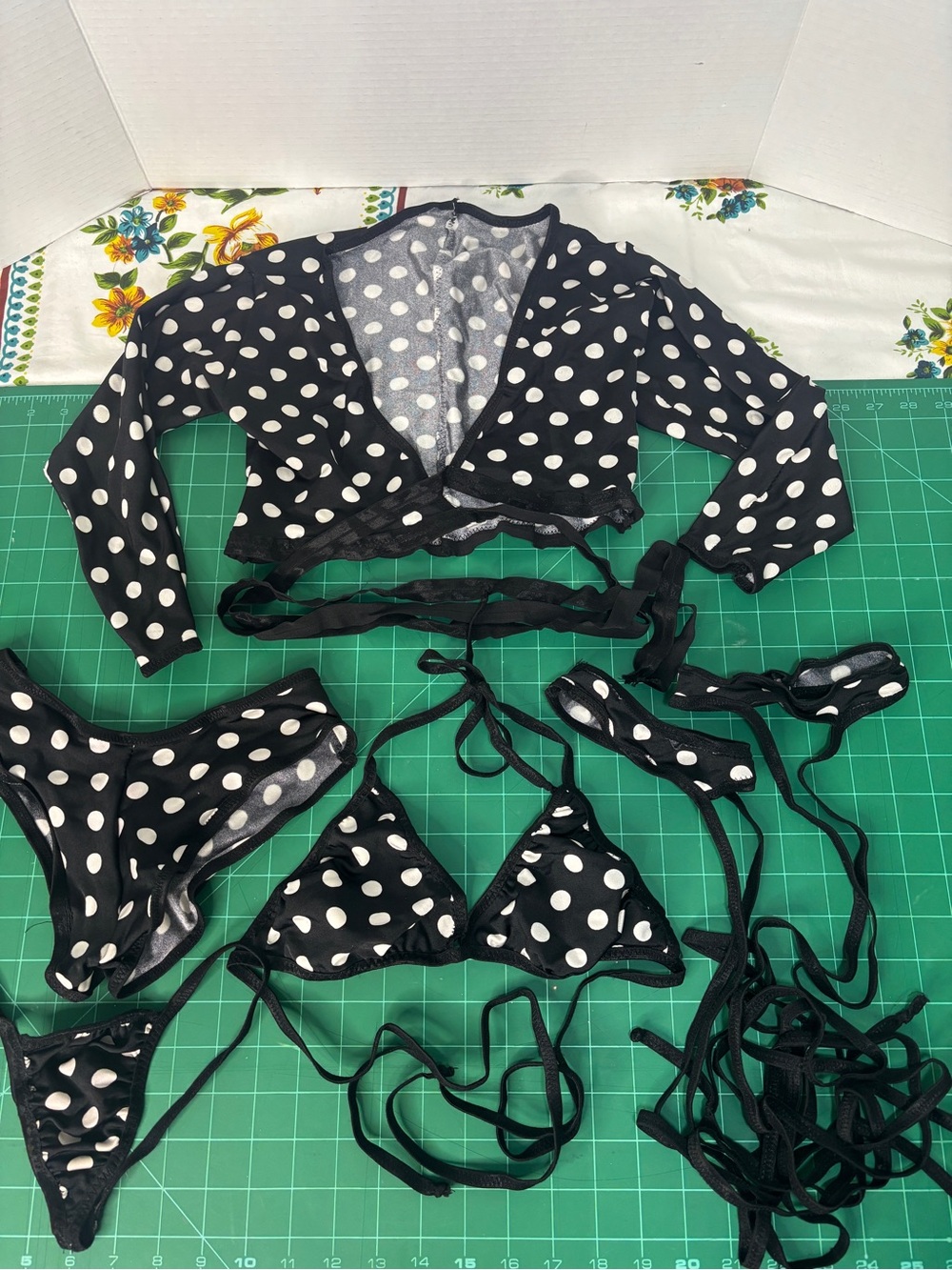 Polka Dot Black & White Women's Bikini Set with Long-Sleeve Wrap & Leg Wraps